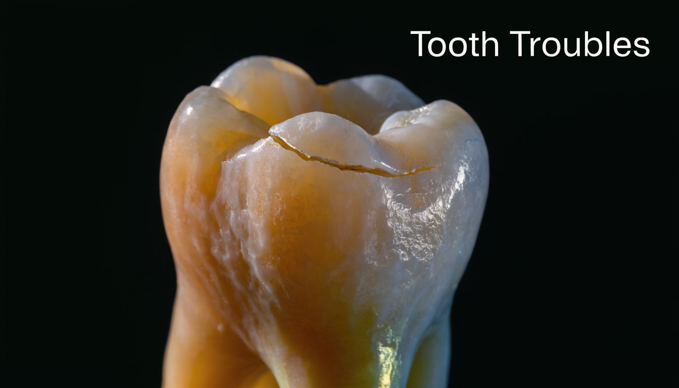 A close-up view of a human molar tooth displaying a visible fracture or crack on its surface.