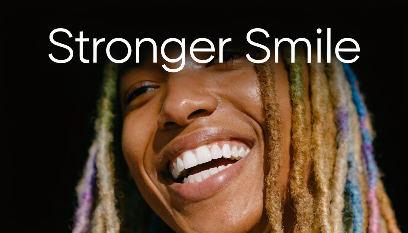 A close-up shot of a person with colorful dreadlocks smiling brightly to show off their healthy white teeth.