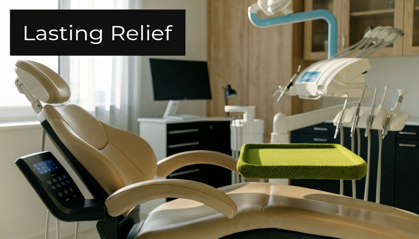 A modern, professional dentist office featuring an empty dental chair with beige upholstery and equipment nearby.