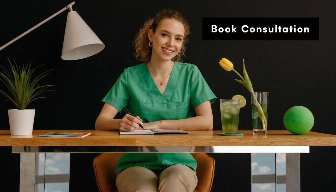 A friendly professional woman in green scrubs sitting at a desk and writing in a notebook.