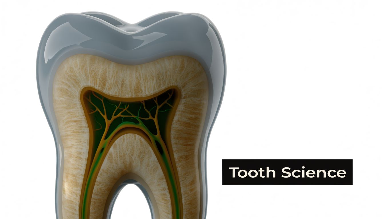 A detailed 3D cross-section illustration of a human tooth showing internal structures like dentin and pulp.