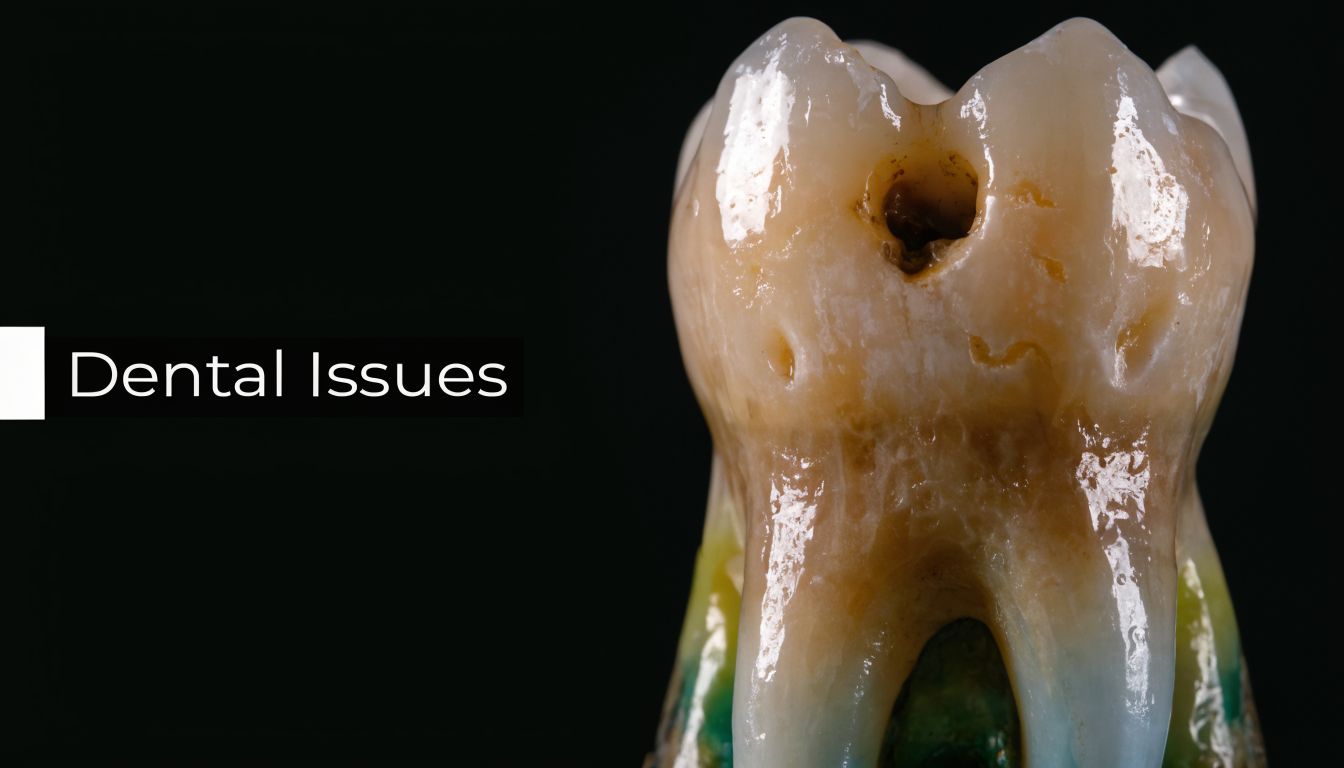 A close-up view of a decayed human molar tooth showing significant cavity damage and plaque buildup.